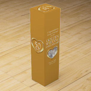Golden wedding anniversary heart photo wine box
