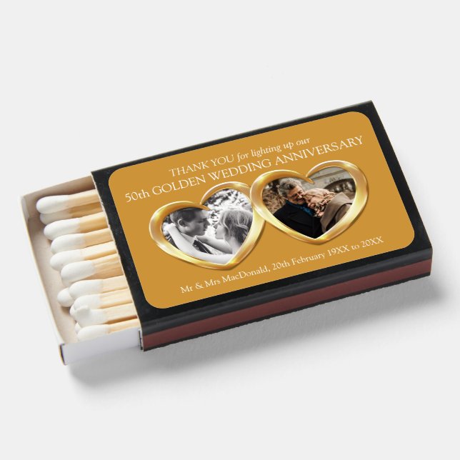 Golden wedding anniversary now then photo hearts  matchboxes (Front Open)