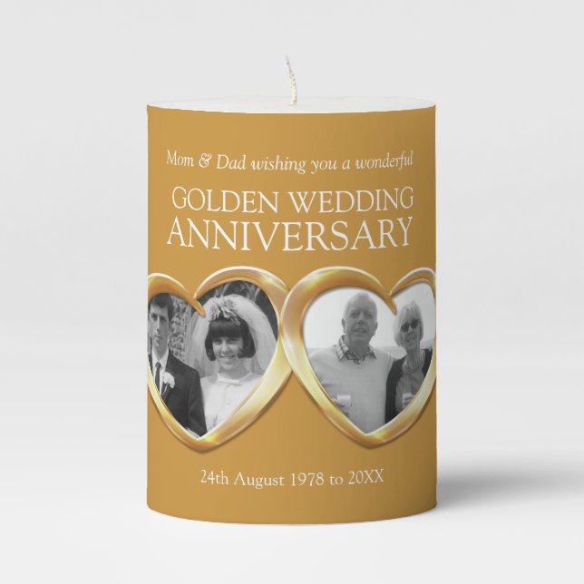 Golden wedding anniversary past present photo card pillar candle (Front)