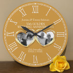 Golden wedding anniversary past present photo large clock<br><div class="desc">Customized golden wedding anniversary clock personalize with your couples photos then and now, year of marriage and names or relationship to you. The example reads Jasmina and Tommy Robinson 50th Golden Wedding Anniversary and your marriage and current date. Other matching items are available. Double golden metal heart effect art and...</div>
