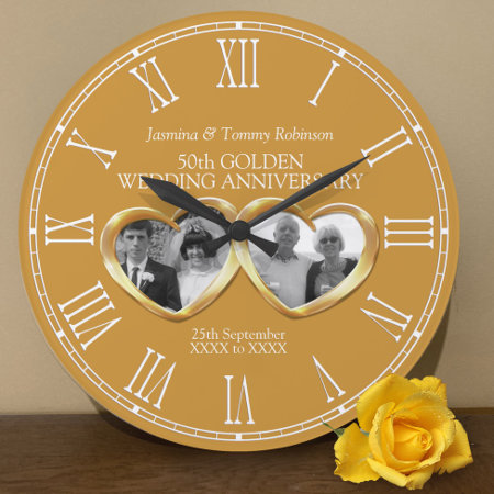 Golden Wedding Anniversary Past Present Photo Large Clock