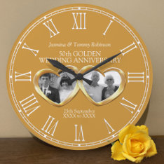 Golden Wedding Anniversary Past Present Photo Large Clock at Zazzle