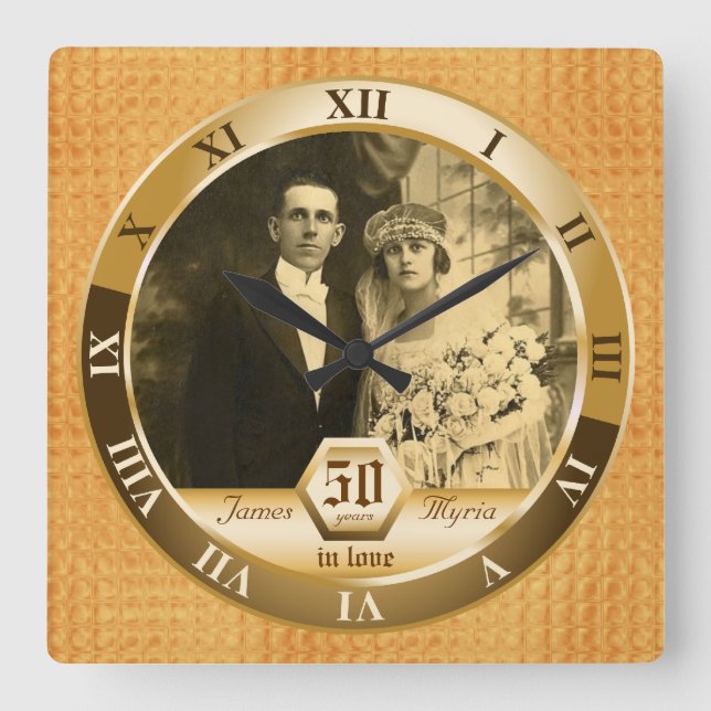 Golden Wedding Anniversary Photo Custom Amber Gold Square Wall Clock (Front)