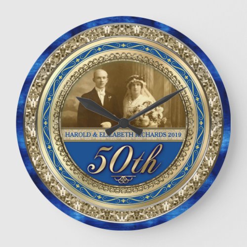 Golden Wedding Anniversary Photo Gold Royal Blue Large Clock