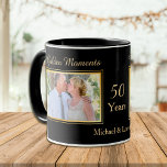 Golden Wedding Anniversary Photo Template Mug<br><div class="desc">A double lined gold frame on each side shows off two of your favorite photographs on this elegant Golden Wedding Anniversary keepsake mug. It's easy to upload your own photographs! Above one is the text, also in gold, that says "Golden Moments", and the other "Golden Memories". Between the two photographs...</div>