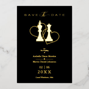Golden Wedding Chess Pieces King & Queen Black Foil Invitation