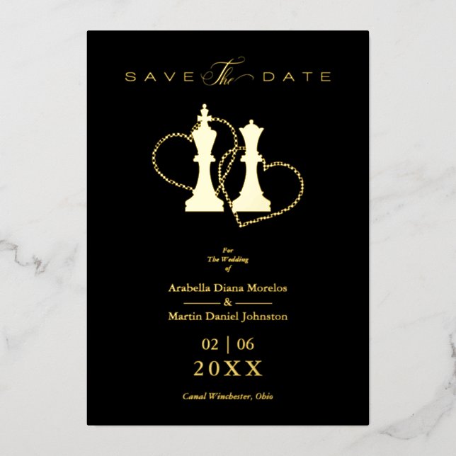 Golden Wedding Chess Pieces King & Queen Black Foil Invitation (Front)