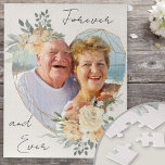 Golden Wedding Heart Forever and Ever Photo Jigsaw Puzzle<br><div class="desc">Custom Photo Canvas displaying your favorite photo in a geometric heart shaped gold frame. The frame is decorated with watercolor bouquets of cream and apricot flowers. It is lettered with the wording "forever and ever" in elegant casual, handwritten script on a neutral, almond white background, all of which you can...</div>