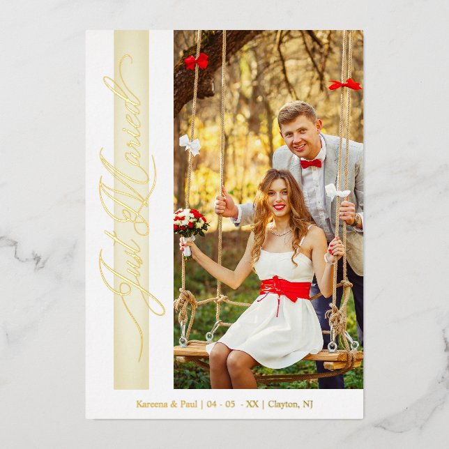 Golden Wedding Just Married Hand Lettered Photo  Foil Invitation (Front)