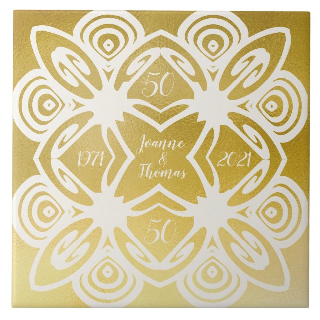 Golden Wedding Personalized Art Deco Ornamental Ceramic Tile (Front)