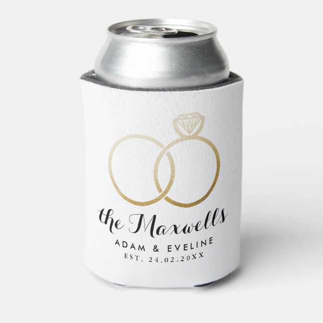 Golden Wedding Rings Favor White Can Cooler (Can Back)