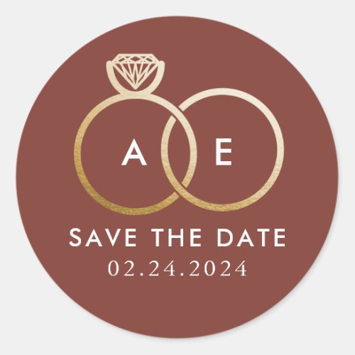 Golden Wedding Rings on Earthy Red Save the Date Classic Round Sticker