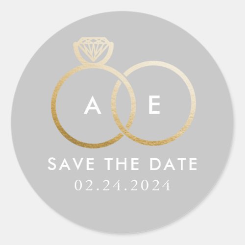 Golden Wedding Rings on Pale Gray Save the Date Classic Round Sticker