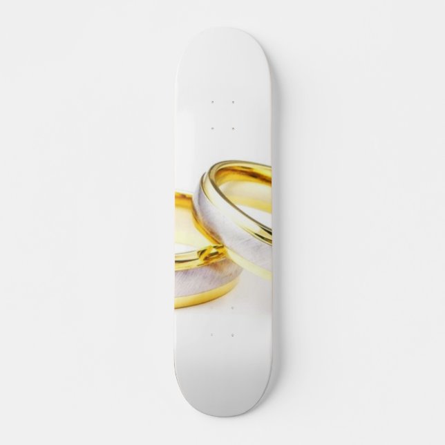Golden Wedding Rings On White Background Skateboard Deck (Front)