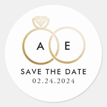 Golden Wedding Rings On White Save The Date Classic Round Sticker by 2BirdStone at Zazzle