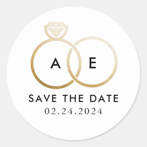 Golden Wedding Rings on White Save the Date Classic Round Sticker