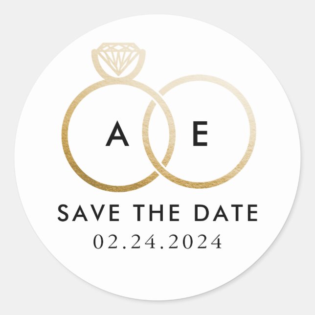 Golden Wedding Rings on White Save the Date Classic Round Sticker (Front)