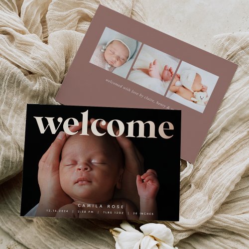 Golden Welcome  Rose Gold Foil Birth Announcement