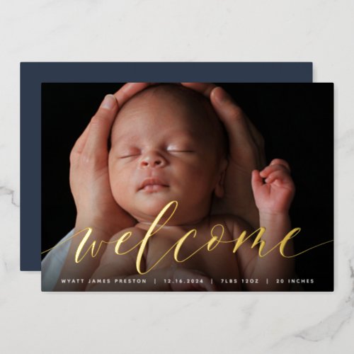 Golden Welcome Script  Foil Birth Announcement