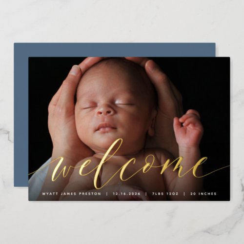 Golden Welcome Script  Foil Birth Announcement