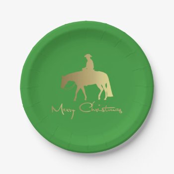 Golden Western Pleasure Horse Green Christmas Paper Plates by PandaCatGallery at Zazzle