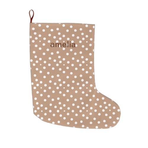 Golden Wheat and White Dots with Name  Large Christmas Stocking