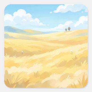 Golden Wheat Field Under Blue Sky Square Sticker