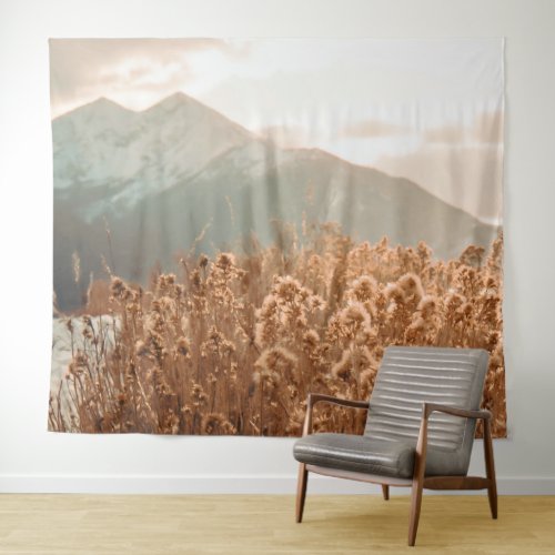 Golden Wheat Mountain  Blurry Scenic Peak Tapestry