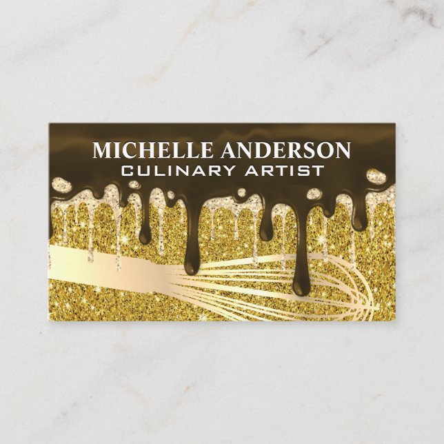 Golden Whisk | Chocolate Gold Glitter Drips Business Card (Front)