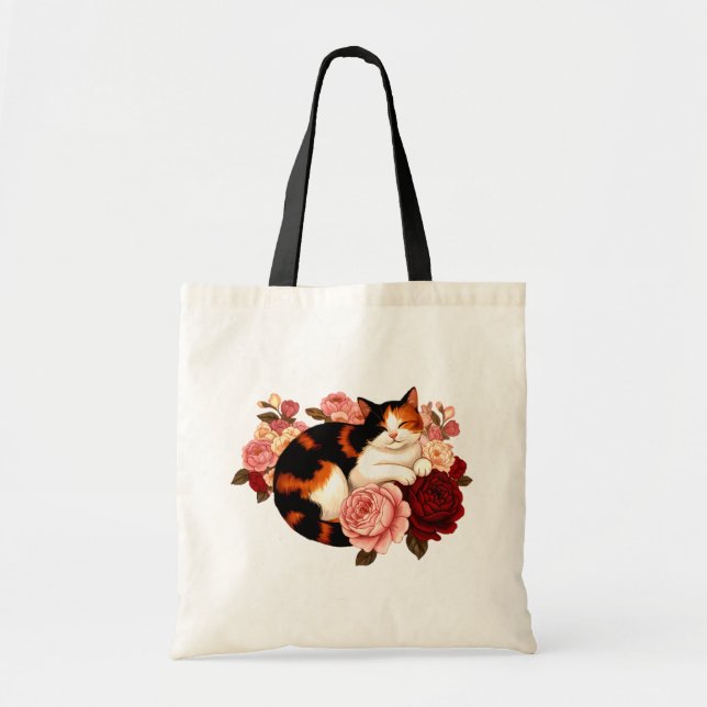Golden Whiskers: Calico Cat in Rose Reverie Tote Bag (Front)