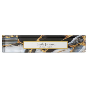 golden ,white and black marble desk name plate
