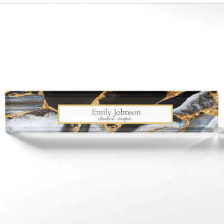 golden ,white and black marble desk name plate