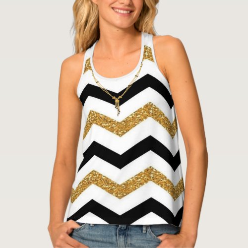 Golden White and Black Zigzag with Necklace Tank Top