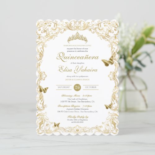 Golden White Elegant Baroque Regal Quinceanera Invitation