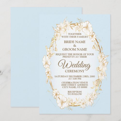 Golden White Floral Blue Geometric Rustic Wedding Invitation