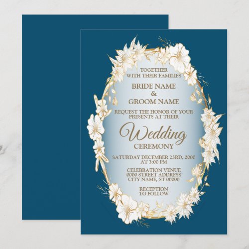 Golden White Floral Blue Geometric Rustic Wedding Invitation