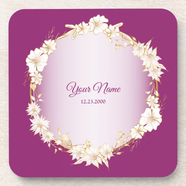 Golden White Floral Pink Geometric Rustic Wedding Beverage Coaster (Front)