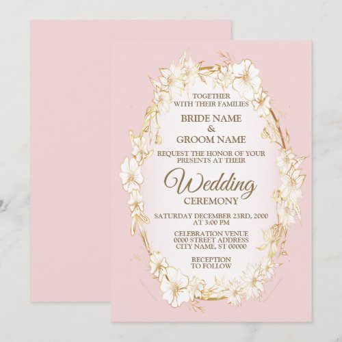 Golden White Floral Pink Geometric Rustic Wedding  Invitation