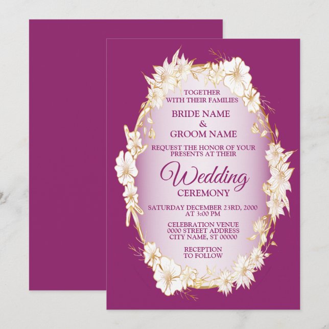 Golden White Floral Pink Geometric Rustic Wedding Invitation (Front/Back)