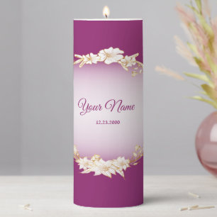 Golden White Floral Pink Geometric Rustic Wedding Pillar Candle