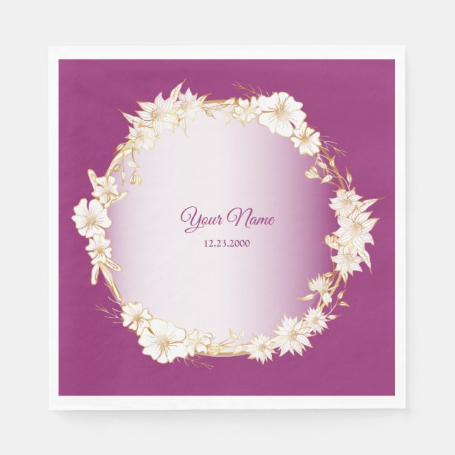 Golden White Floral Pink Geometric Wedding Party Napkins (Front)
