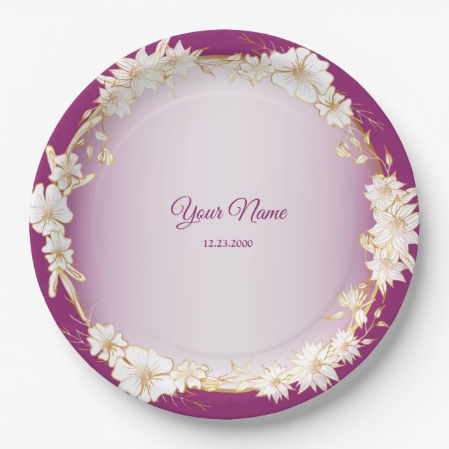 Golden White Floral Pink Geometric Wedding Party Paper Plates (Front)
