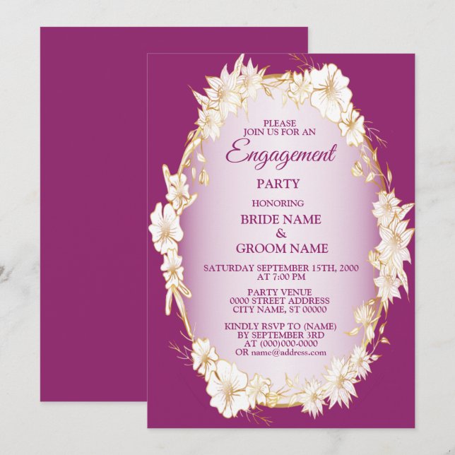 Golden White Floral Pink Rustic Engagement Party  Invitation (Front/Back)