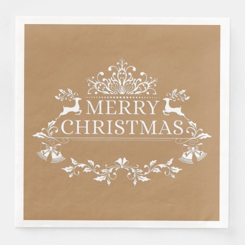 Golden  White Merry Christmas Paper Napkins