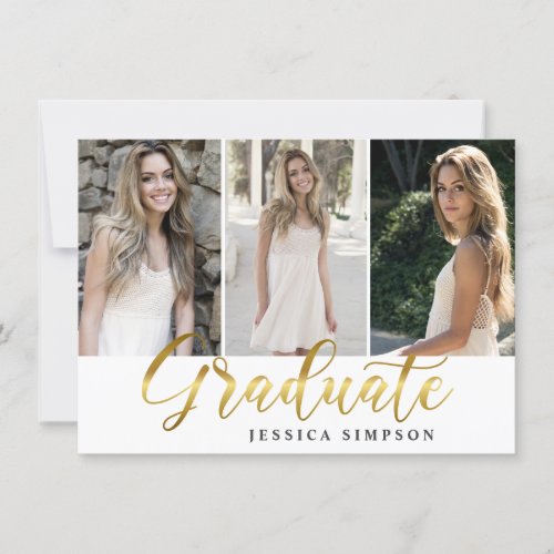 Golden White Modern 3 PHOTO Graduation Party Invitation