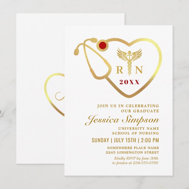 Golden White Modern Nursing School Graduation Invitation (Front/Back)