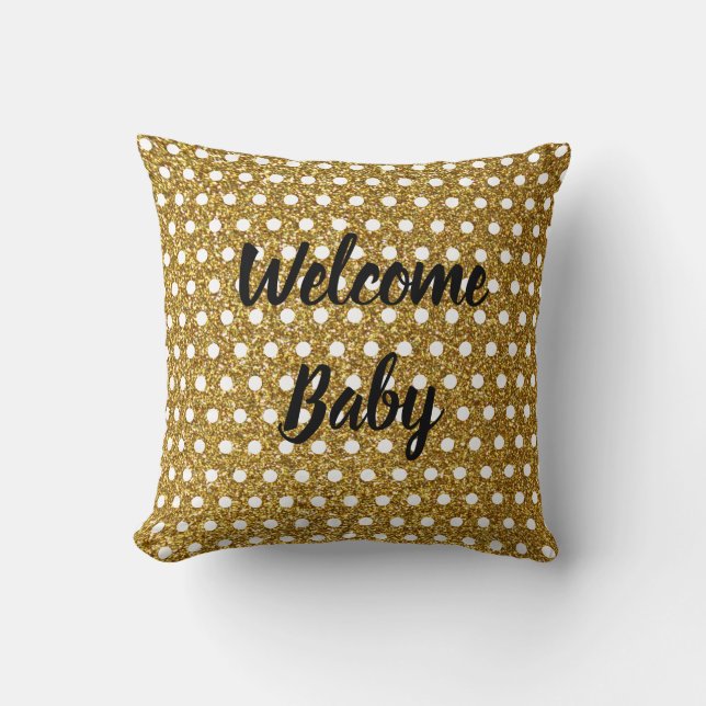 Golden White Polka Dots Glittery Baby Shower Cute Throw Pillow (Front)