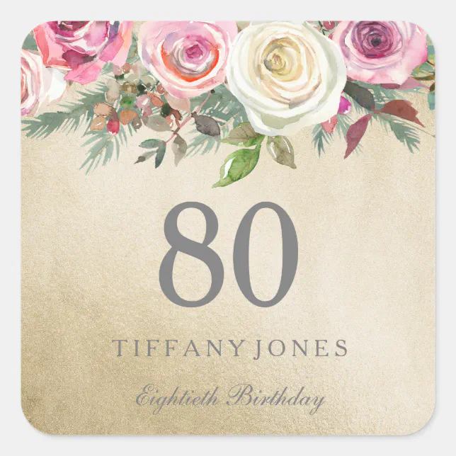 Golden White Rose Pink Floral 80th Birthday Square Sticker | Zazzle