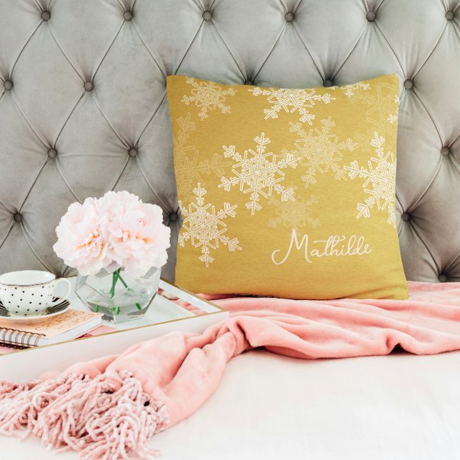 Golden White Snowflakes Minimalist Christmas Name Throw Pillow (Creator Uploaded)