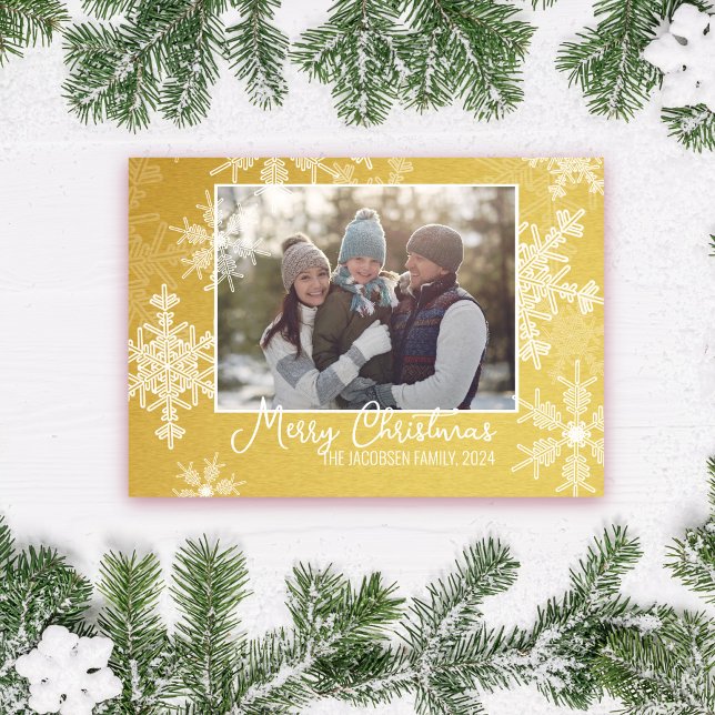 Golden White Snowflakes Minimalist Christmas Photo Holiday Card (Creator Uploaded)
